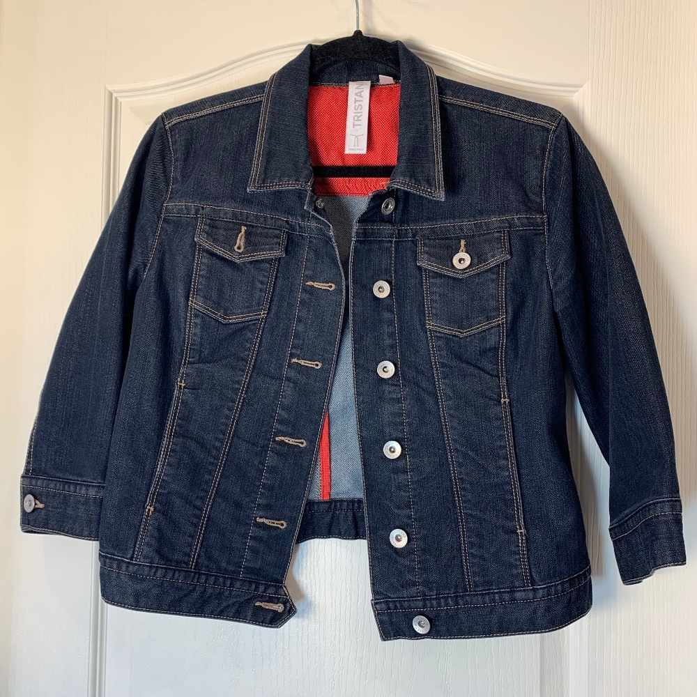 Tristan Denim Jacket – Classic Dark Wash with Polka Dot Lining (M) Casual Office